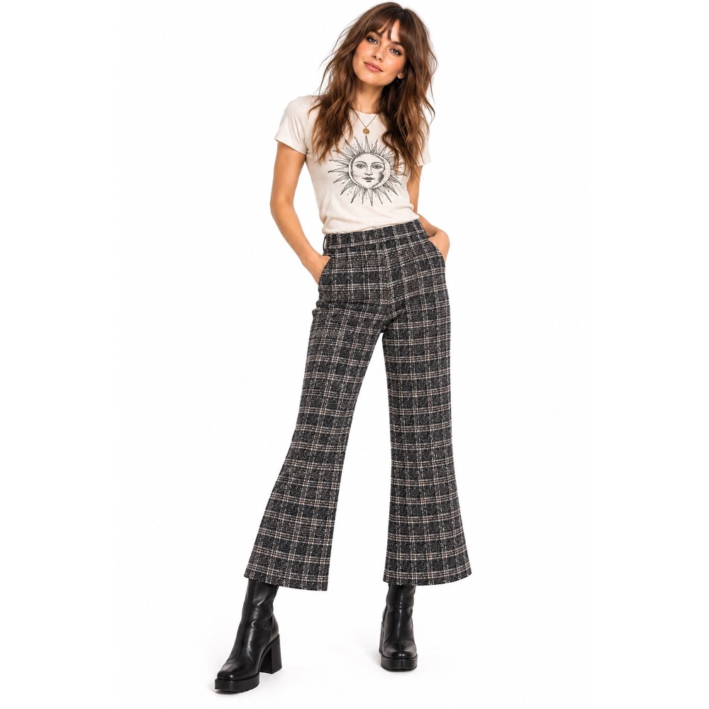 Vintage 70s Funky Plaid Flare Pants Black Tan Cropped Women Size S Altered READ